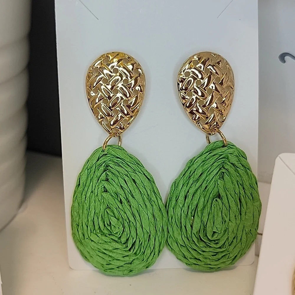 Boho Earrings Raffia Wrapped Teardrop Dangle Green Purple Orange Yellow Brown